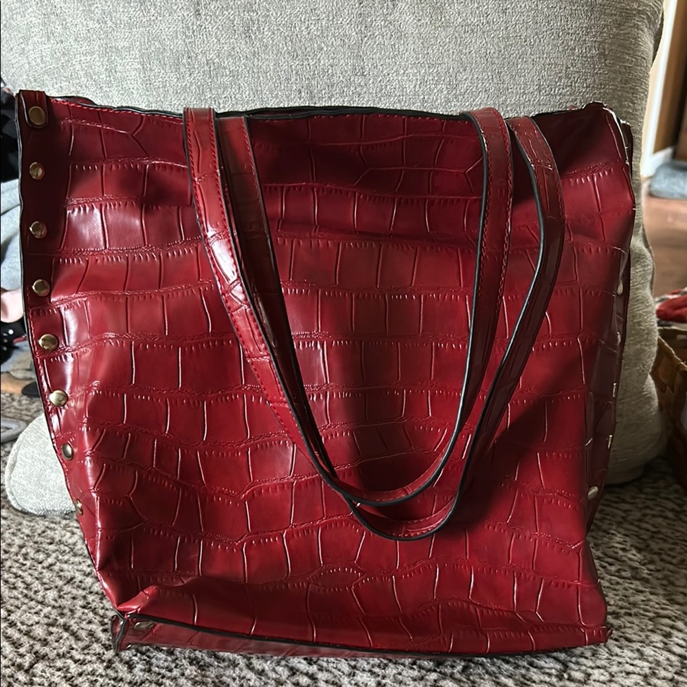 Red Croc-Embossed Tote Bag